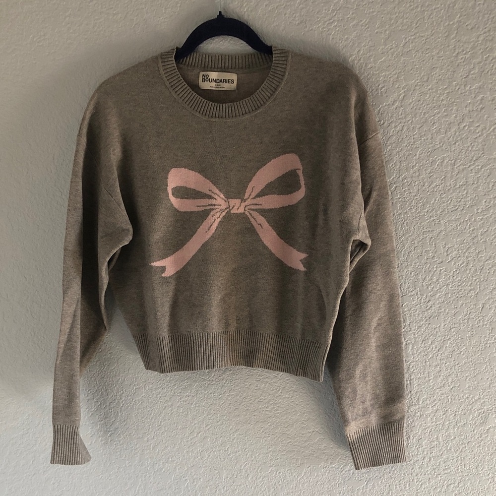 No Boundaries Gray Crewneck Sweater with Pink Bow